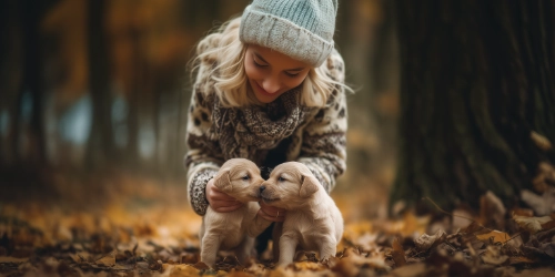 Two dogs with owner in forrest